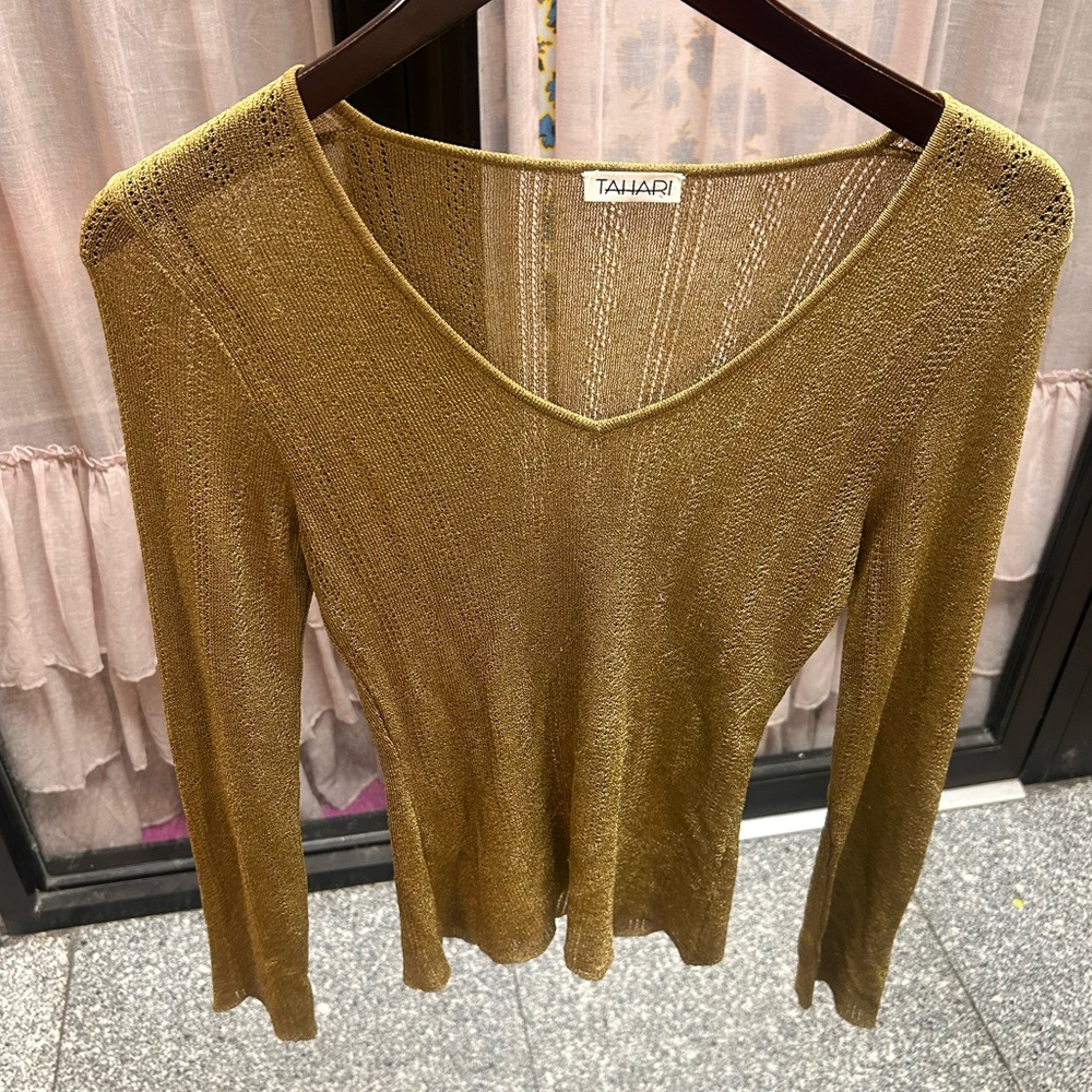 vintage tahari metallic gold knit v neck sweater nylon